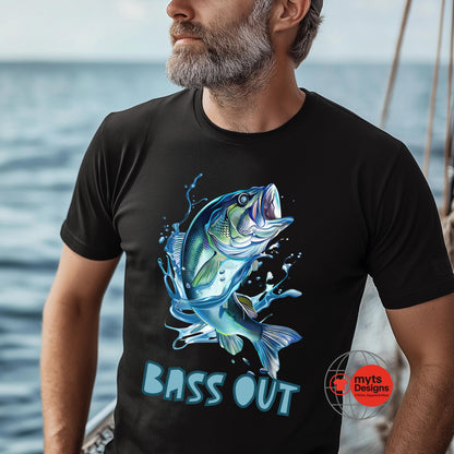 Man wearing a black t-shirt with a blue bass graphic and 'BASS OUT' text, standing on a boat.