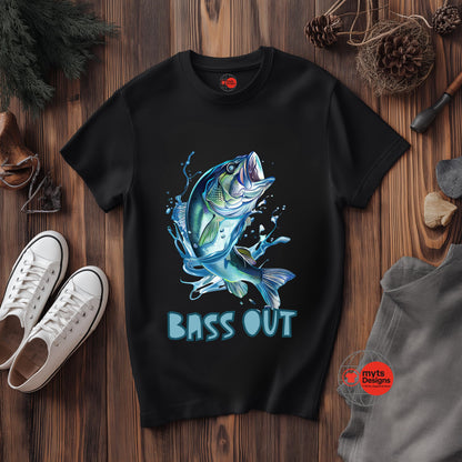 Black t-shirt with a blue bass graphic and 'BASS OUT' text on a wooden surface with shoes and a gray shirt.