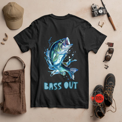 Black t-shirt with a blue fish graphic and 'BASS OUT' text, surrounded by fishing-themed items on a beige background.