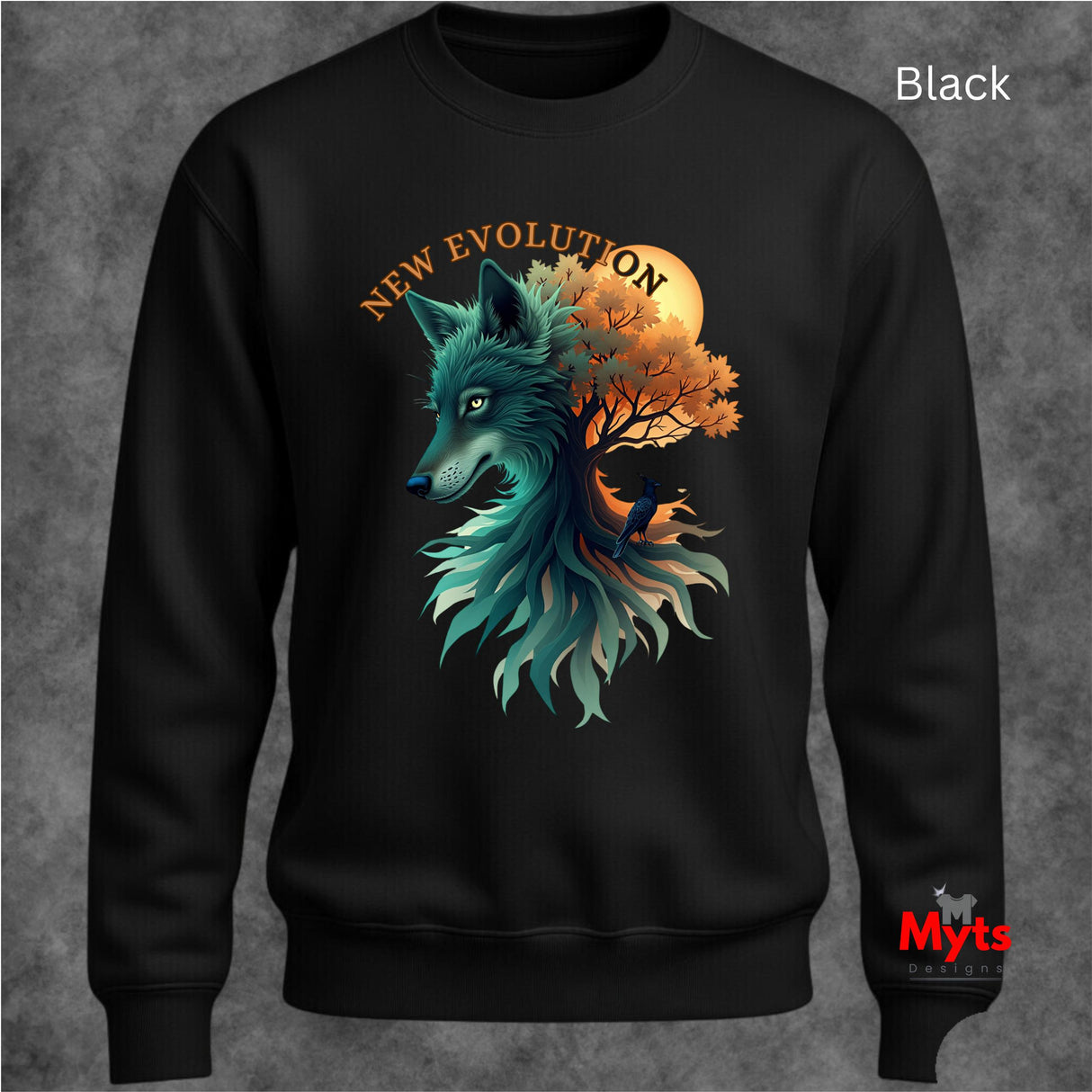 A black crewneck sweatshirt featuring a graphic of a teal wolf and tree with the text 'NEW EVOLUTION' on the chest, shown against a textured gray background.