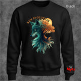 A black crewneck sweatshirt featuring a graphic of a teal wolf and tree with the text 'NEW EVOLUTION' on the chest, shown against a textured gray background.