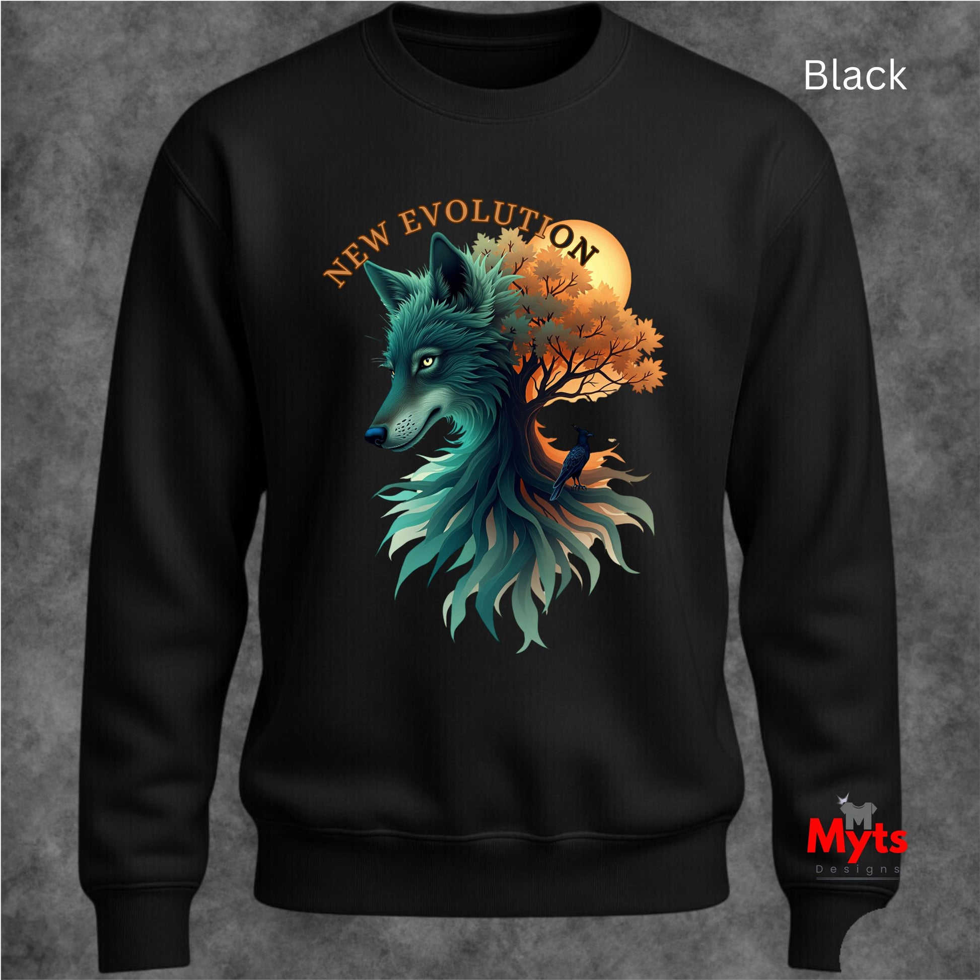 A black crewneck sweatshirt featuring a graphic of a teal wolf and tree with the text 'NEW EVOLUTION' on the chest, shown against a textured gray background.