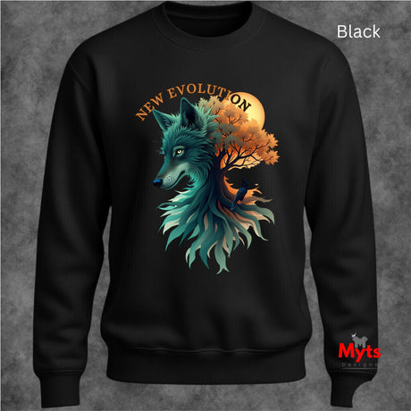 A black crewneck sweatshirt featuring a graphic of a teal wolf and tree with the text 'NEW EVOLUTION' on the chest, shown against a textured gray background.