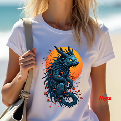 Person wearing a white t-shirt with a blue dragon design on a beach