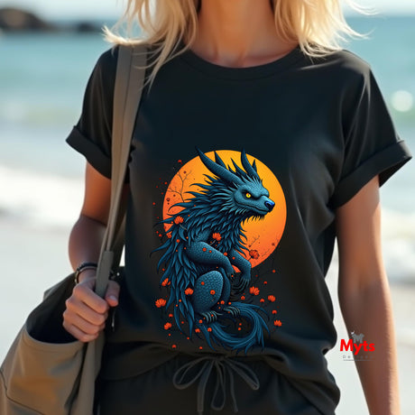 Person wearing a black t-shirt with a blue dragon design on a sunset background, standing by a body of water.