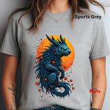 Person wearing a sports grey t-shirt with a blue dragon design on an orange background.
