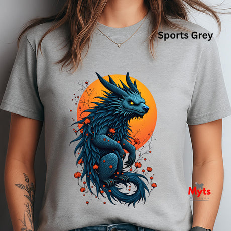 Person wearing a sports grey t-shirt with a blue dragon design on an orange background.