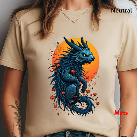 Beige t-shirt with a blue dragon design on an orange background, worn by a person.