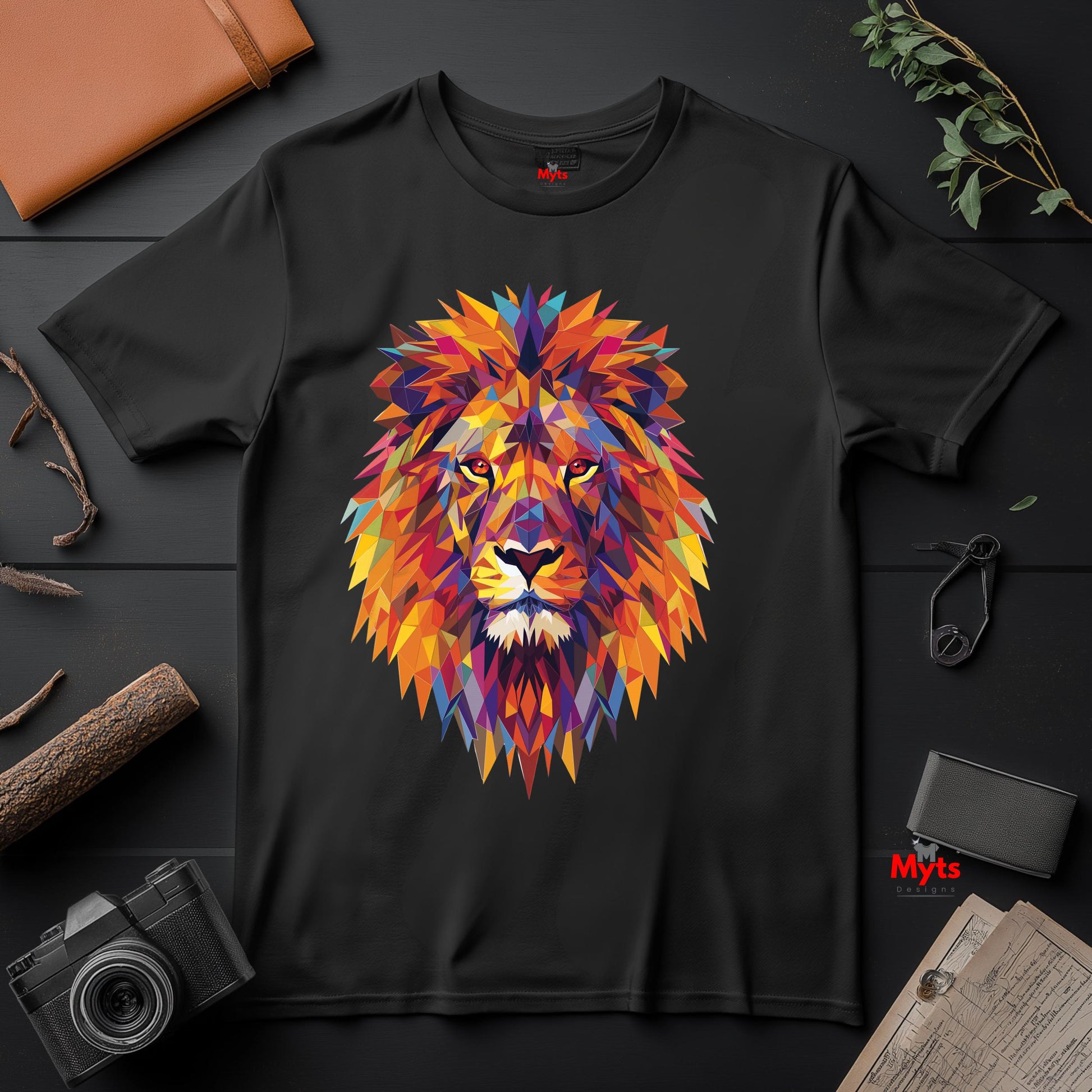 Black t-shirt with a colorful lion graphic on a dark surface with a camera and books.
