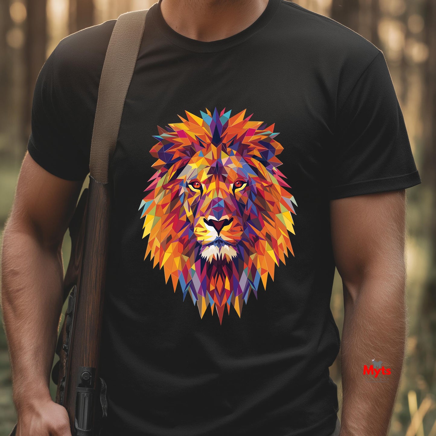 Person wearing a black t-shirt with a colorful lion graphic in a forest setting