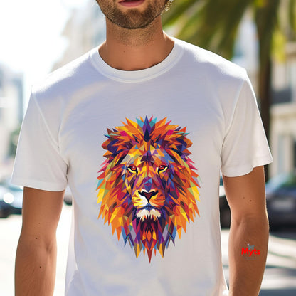 Person wearing a white t-shirt with a colorful lion graphic design outdoors.