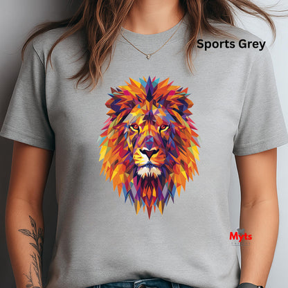 Gray t-shirt with a colorful lion graphic and 'Sports Grey' text.