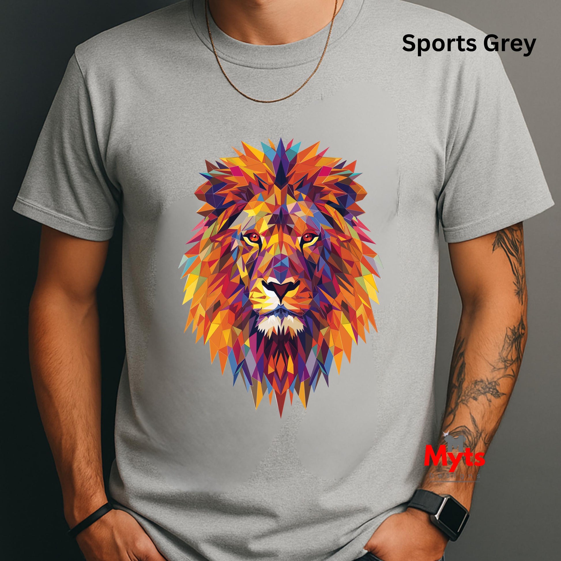 Gray t-shirt with a colorful lion graphic on a dark background