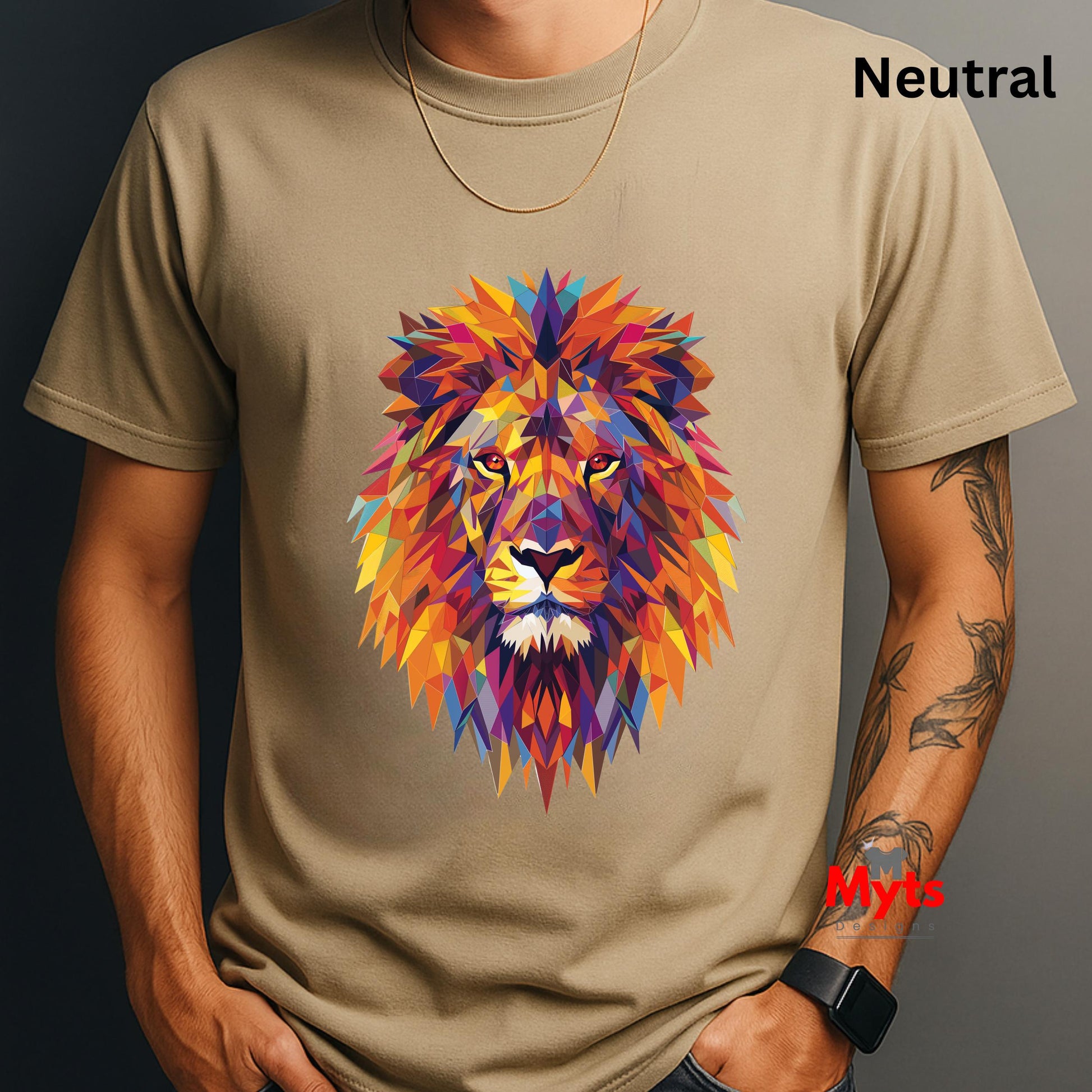Person wearing a neutral t-shirt with a colorful lion graphic design.