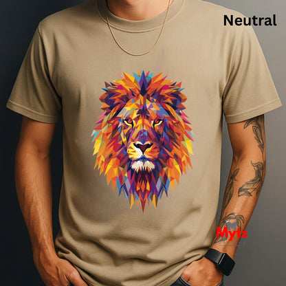 Person wearing a neutral t-shirt with a colorful lion graphic design.