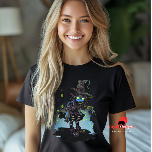 Woman wearing a black t-shirt with a colorful graphic design, smiling indoors.