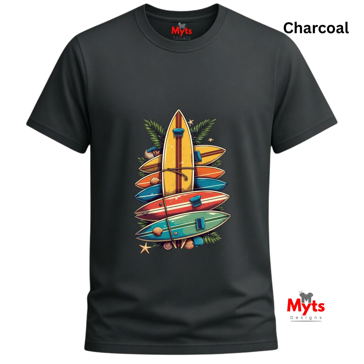 Charcoal t-shirt with colorful surfboard design and 'Myts' branding on a white background