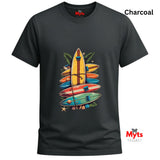 Charcoal t-shirt with colorful surfboard design and 'Myts' branding on a white background