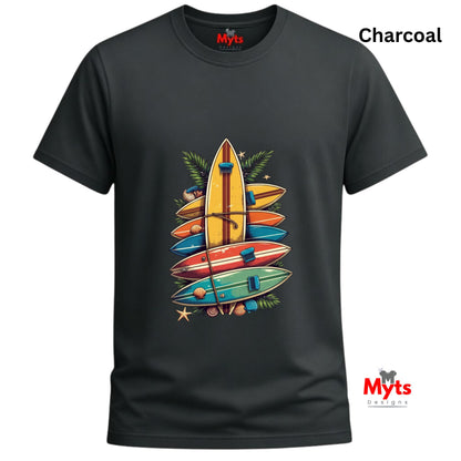 Charcoal t-shirt with colorful surfboard design and 'Myts' branding on a white background