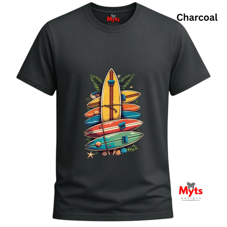Charcoal t-shirt with colorful surfboard design and 'Myts' branding on a white background