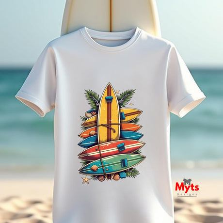 White t-shirt with colorful surfboard design on a beach background