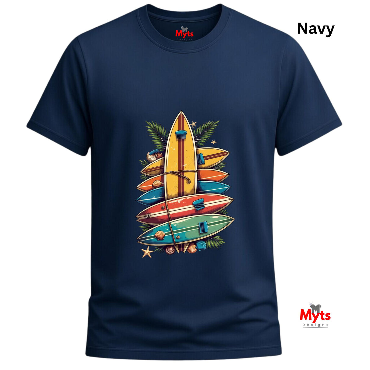Navy blue t-shirt with colorful surfboard design on a white background