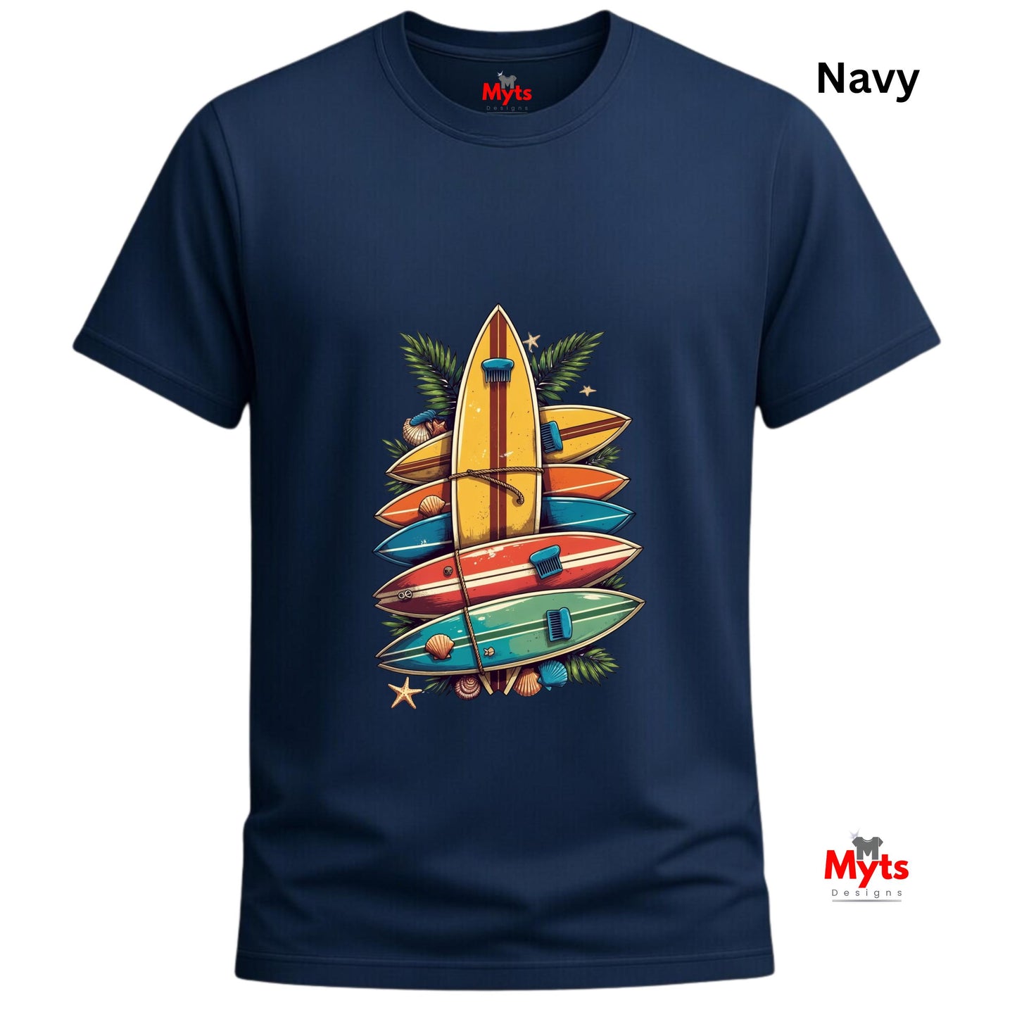 Navy blue t-shirt with colorful surfboard design on a white background