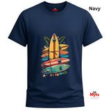 Navy blue t-shirt with colorful surfboard design on a white background