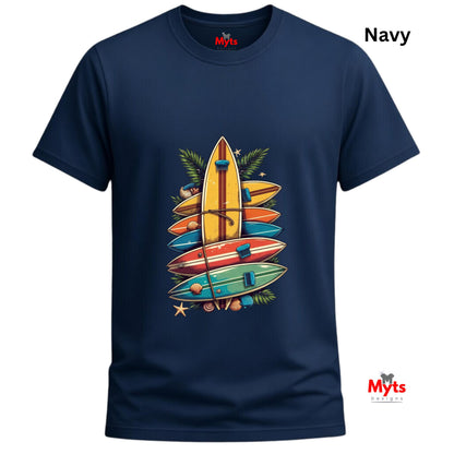 Navy blue t-shirt with colorful surfboard design on a white background