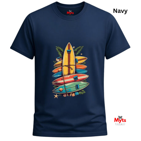 Navy blue t-shirt with colorful surfboard design on a white background