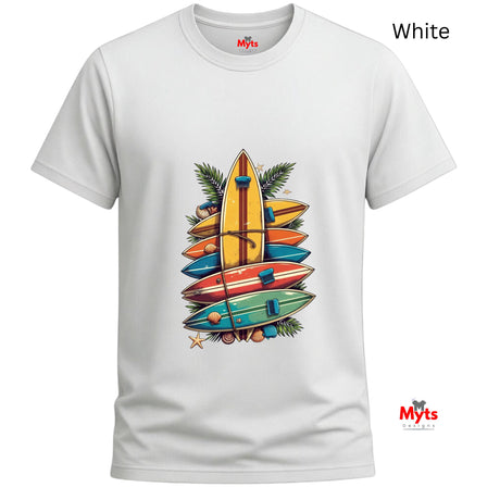 White t-shirt with colorful surfboard design and 'Myts' branding on a white background