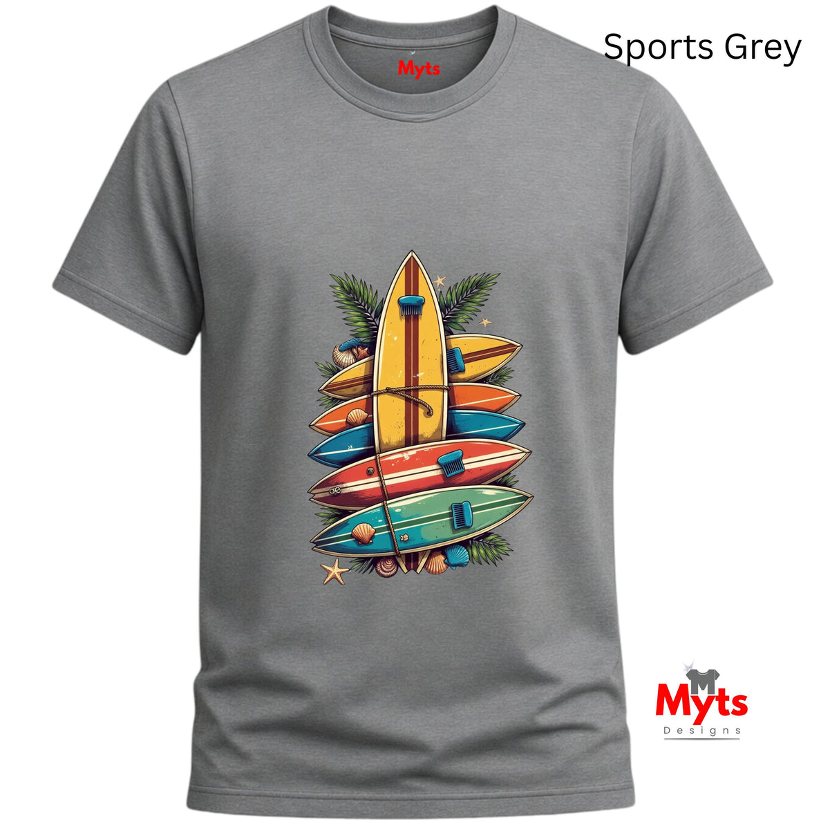 Sports Gray t-shirt with colorful surfboard design and 'Myts' branding on a white background