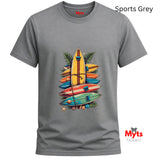 Sports Gray t-shirt with colorful surfboard design and 'Myts' branding on a white background