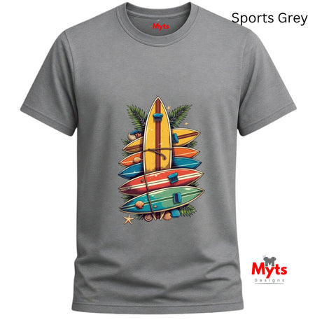 Sports Gray t-shirt with colorful surfboard design and 'Myts' branding on a white background