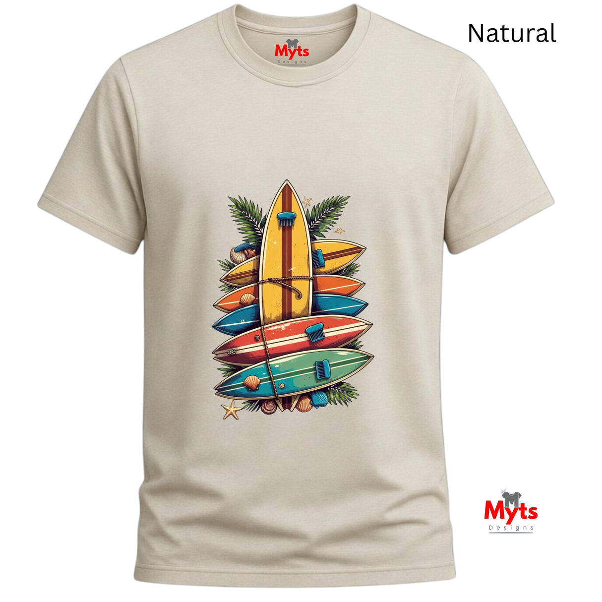 Natural t-shirt with colorful surfboard design on a white background