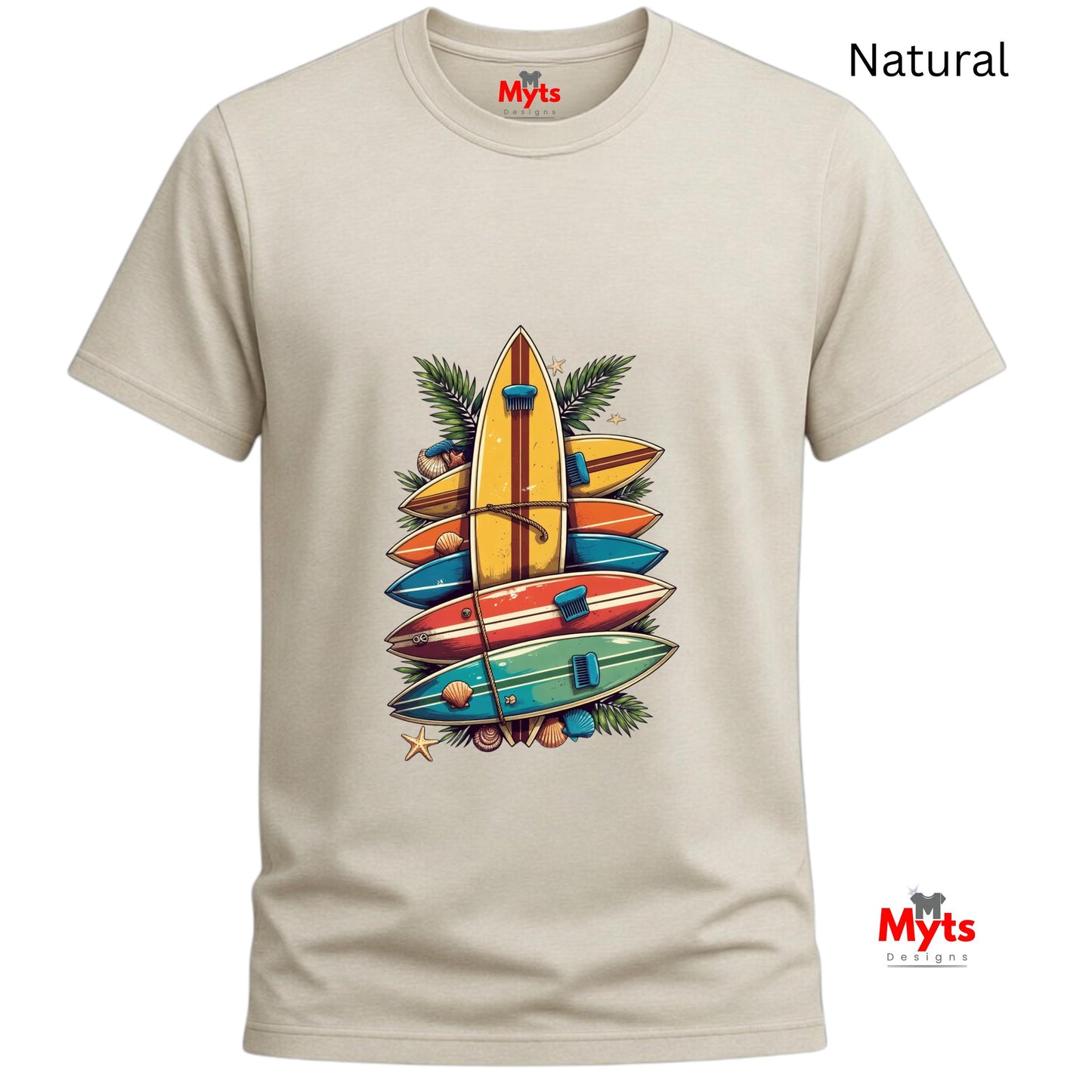 Natural t-shirt with colorful surfboard design on a white background