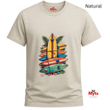 Natural t-shirt with colorful surfboard design on a white background