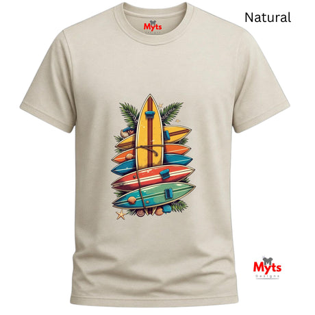Natural t-shirt with colorful surfboard design on a white background
