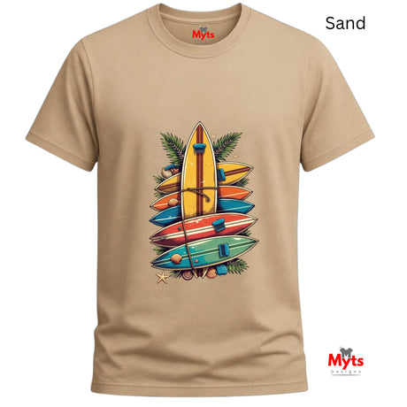 Sand t-shirt with colorful surfboard design and 'Myts' branding on a white background