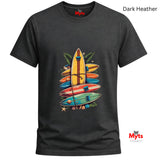 Dark Heather t-shirt with colorful surfboard design and 'Myts' branding.