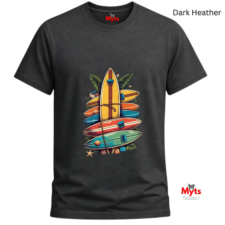Dark Heather t-shirt with colorful surfboard design and 'Myts' branding.