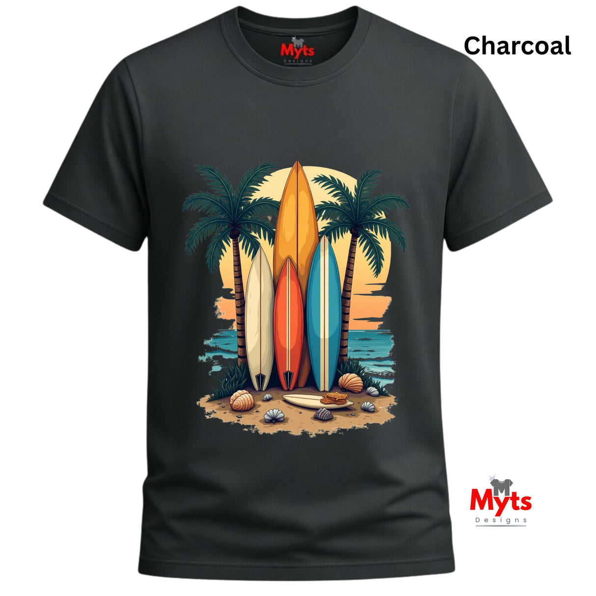 Charcoal t-shirt with a graphic of surfboards and palm trees on a white background