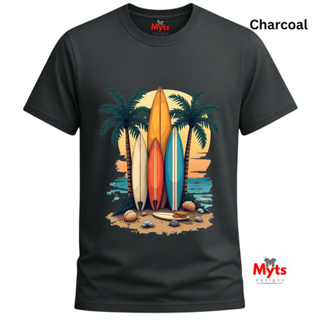 Charcoal t-shirt with a graphic of surfboards and palm trees on a white background
