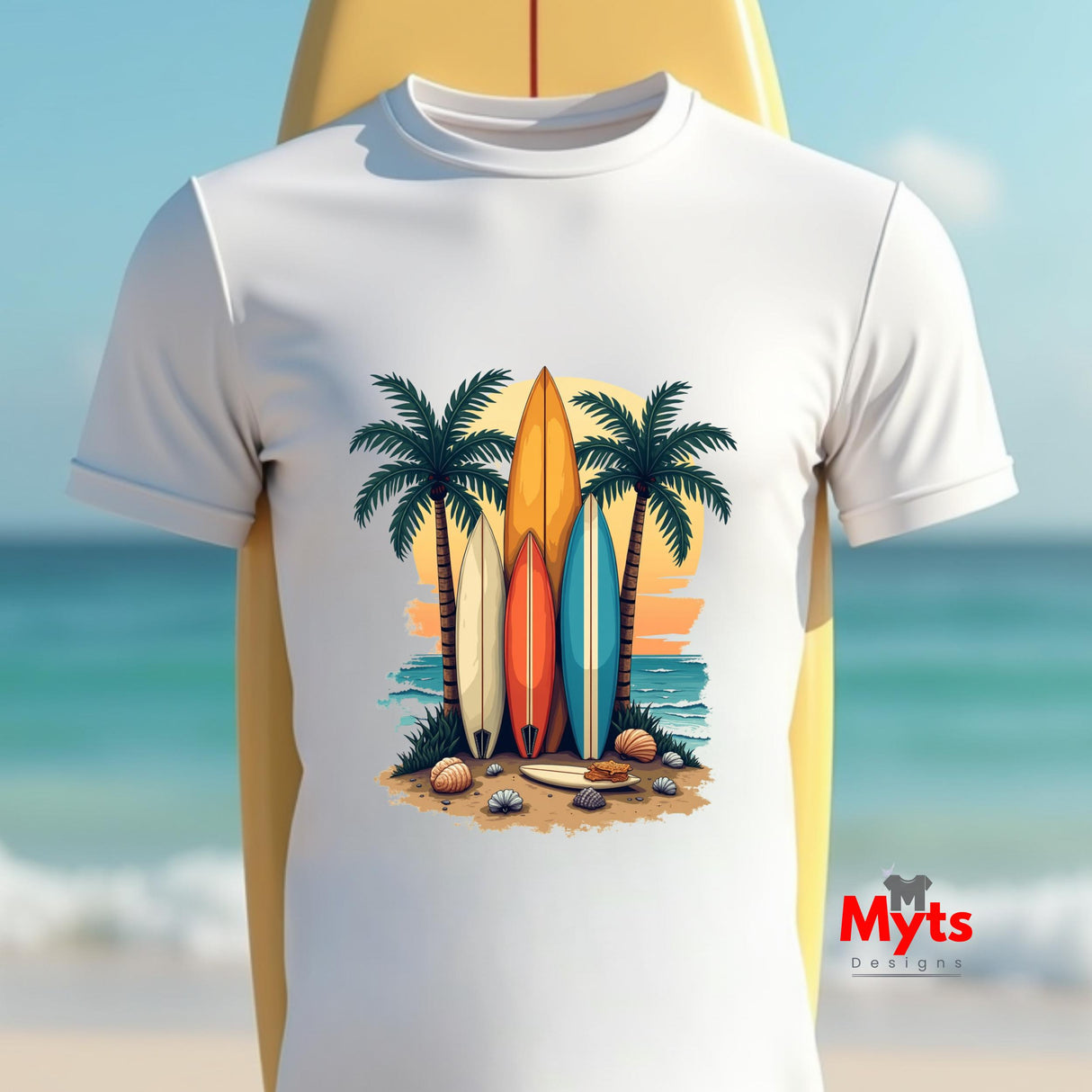 White t-shirt with a tropical design featuring surfboards and palm trees on a blurred beach background.
