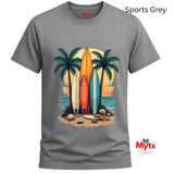 Gray t-shirt with surfboard and palm tree design on a white background