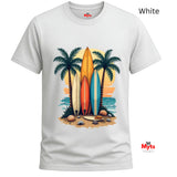 White t-shirt with a tropical design featuring surfboards and palm trees on a white background.