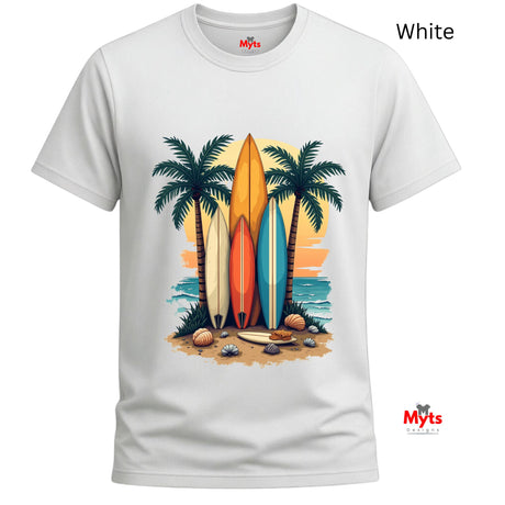 White t-shirt with a tropical design featuring surfboards and palm trees on a white background.