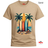 Sand t-shirt with a tropical design featuring surfboards and palm trees on a white background.