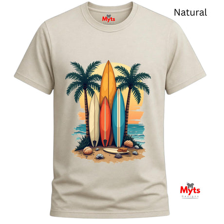 Natural T-shirt with a tropical design featuring surfboards and palm trees on a white background.