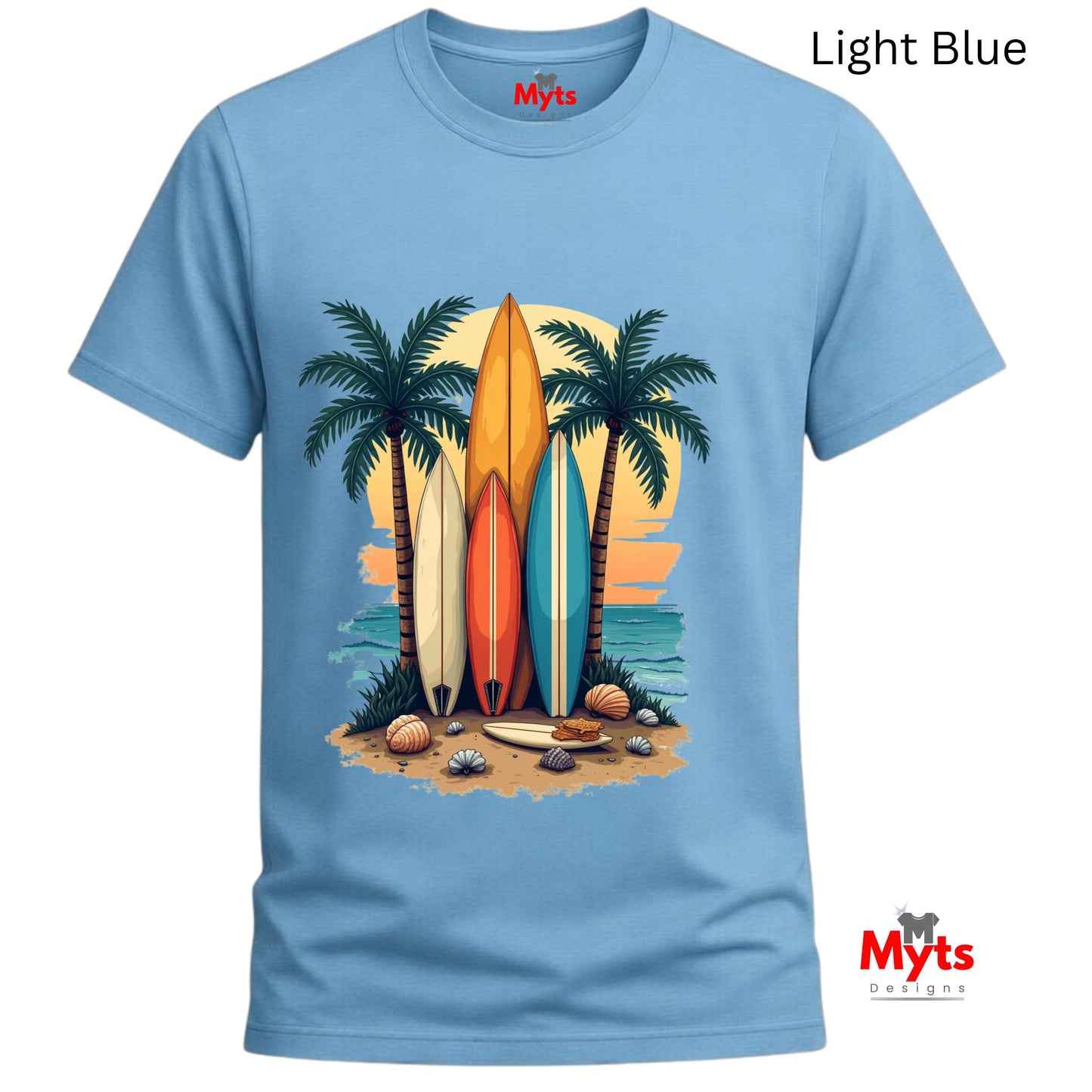 Light blue t-shirt with a tropical design featuring surfboards and palm trees, branded with 'Myts'.